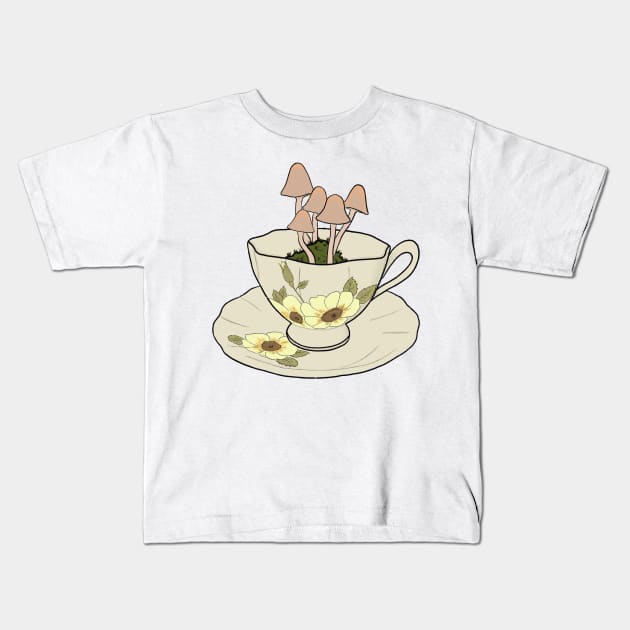 cottagecore mushrooms growing in pastel floral tea cup Kids T-Shirt by JuneNostalgia